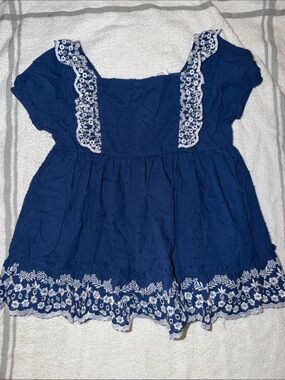 Shabby Chic Navy Top with White Eyelet Trim